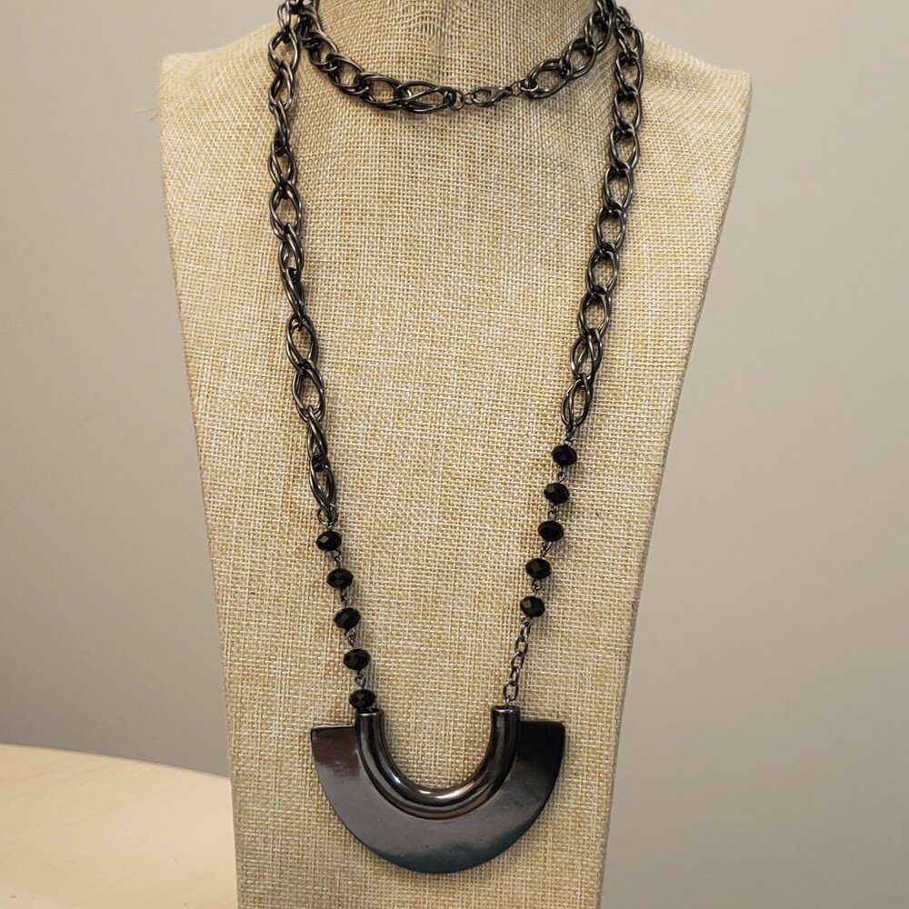 Gunmetal brass tone, extra long, heavy punk, goth pendant necklace